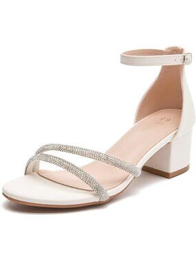 Women's White Open Toe Ankle Strap Design Low Block Chunky Heels Sandal Shoes